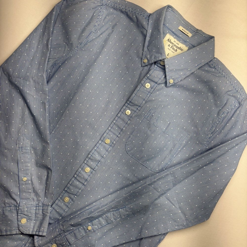 Abercrombie & Fitch Mens Muscle Fit Blue White Striped Polka Dot Shirt Large L
